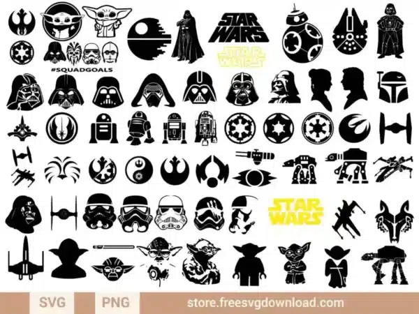 Star Wars SVG Bundle featuring 65 designs including Darth Vader, Yoda, Rebel Alliance, and iconic starships