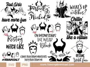Villains SVG Bundle 2 featuring Disney’s Maleficent, Cruella, Ursula, and Evil Queen with sassy quotes and bold designs