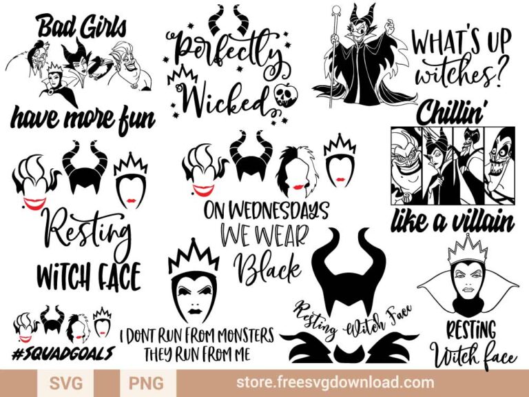 Disney Villains SVG & PNG,  SVG for Cricut Design Silhouette, svg files for cricut, svg files for cricut, separated svg, disney svg, ursula svg, Cruella de vill svg, Maleficent svg, the evil queen svg, snow white svg, disney princess svg, mermaid svg, what up witches svg, it's good to be bed svg, chillin' like a villain svg, resting witch face svg, perfectly wicked svg, on Wednesday we wear black svg