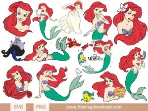 A collection of 14 Ariel Little Mermaid SVG designs featuring Ariel, Flounder, Sebastian, and Ursula in vibrant, playful poses.