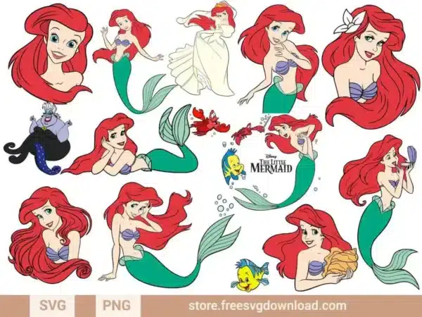 A collection of 14 Ariel Little Mermaid SVG designs featuring Ariel, Flounder, Sebastian, and Ursula in vibrant, playful poses.