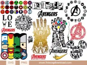 Avengers SVG Bundle featuring Marvel superheroes like Iron Man, Captain America, Thor, and Hulk.