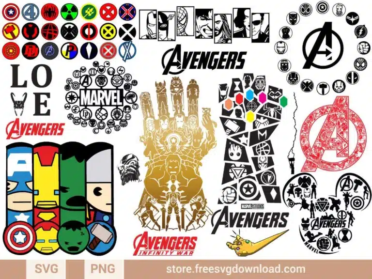 Avengers SVG Bundle featuring Marvel superheroes like Iron Man, Captain America, Thor, and Hulk.