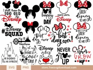 Disneyland SVG Bundle featuring Disney-inspired quotes, Mickey and Minnie designs, and castle silhouettes