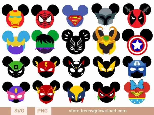 Mickey Head Marvel SVG Bundle featuring Mickey-shaped heads designed as popular superheroes, including Iron Man, Spider-Man, Captain America, Hulk, Deadpool, and Wonder Woman.