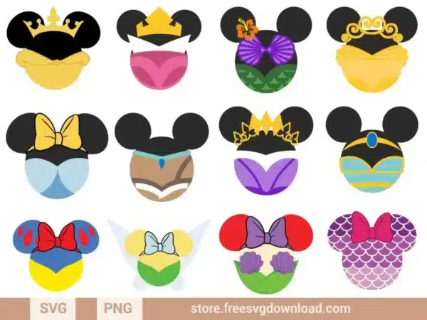 Mickey Head Princess SVG Bundle featuring Mickey-shaped designs inspired by Disney princesses