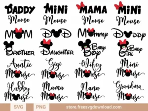 Mickey Minnie Family SVG Bundle 2 featuring Mickey-themed family titles with bows and mouse ears