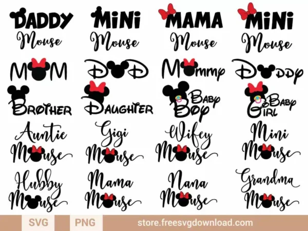 Mickey Minnie Family SVG Bundle 2 featuring Mickey-themed family titles with bows and mouse ears