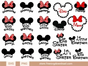Mickey Minnie Family SVG Bundle featuring family title designs with Mickey and Minnie-themed elements