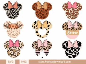 Minnie Leopard Print SVG Bundle featuring Minnie head silhouettes with chic animal prints and bow accents