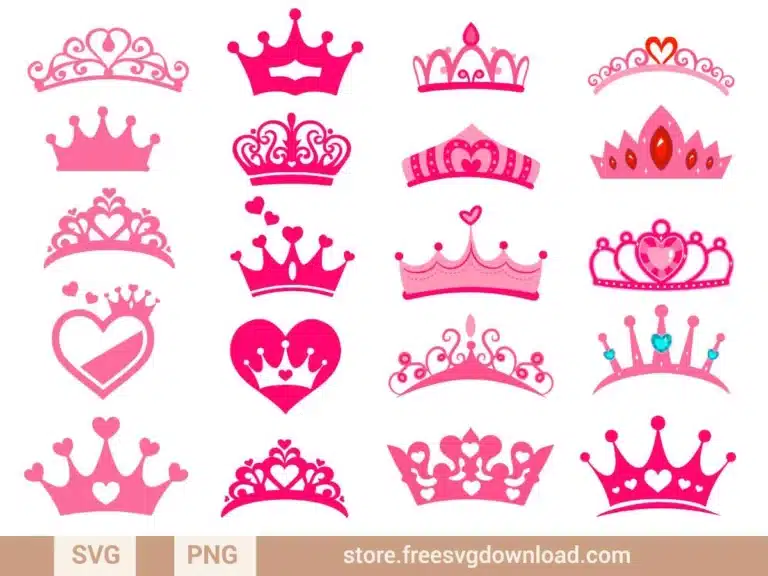 Princess Crown SVG Bundle featuring 20 royal designs with tiaras, hearts, and jewels.
