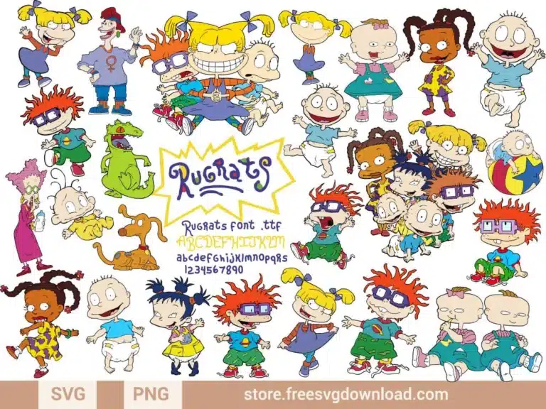 Rugrats SVG Bundle featuring Tommy, Chuckie, Angelica, and other iconic characters in nostalgic designs.