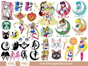 Sailor Moon SVG Bundle featuring Sailor Moon, her guardians, and magical symbols for crafting.
