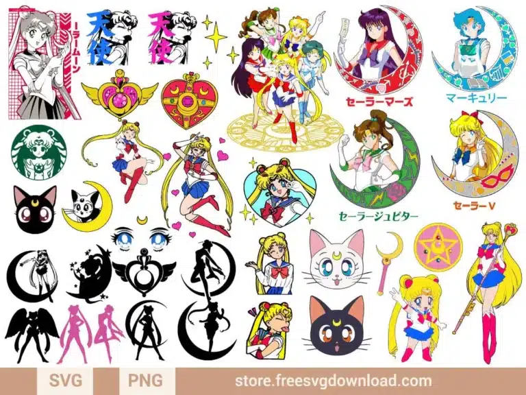 Sailor Moon SVG Bundle featuring Sailor Moon, her guardians, and magical symbols for crafting.
