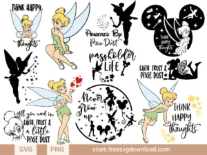 Tinkerbell SVG Bundle featuring magical fairy designs, whimsical quotes, and enchanting Mickey silhouettes