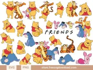 Collection of 22 Winnie the Pooh SVG designs featuring Pooh, Tigger, Piglet, and Eeyore in playful and heartwarming poses.