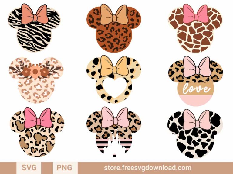 Minnie Leopard Print SVG Bundle & PNG, SVG for Silhouette, svg files for cricut, mickey mouse svg, disney svg, minnie mouse svg, mickey ears svg, mickey head svg, Minnie leopard svg, Minnie cow prints svg, Minnie bow svg, Minnie floral svg, disney castle svg, Minnie love svg