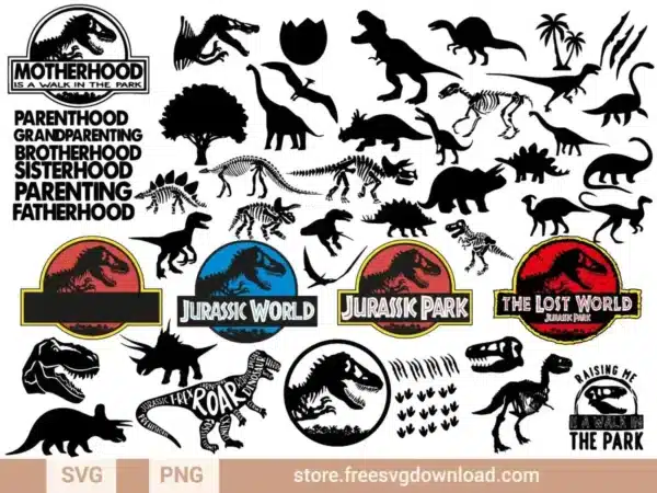 Jurassic Park SVG Bundle featuring dinosaur silhouettes, skeletons, and logos for crafting and decor.