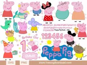 Peppa Pig SVG Bundle featuring Peppa, George, family, and friends for crafting and birthday-themed projects.