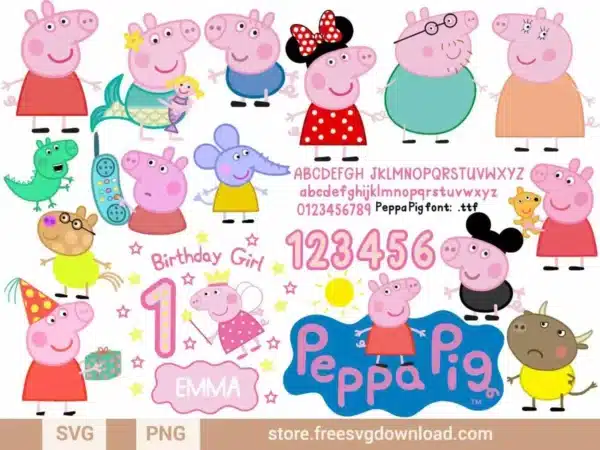Peppa Pig SVG Bundle featuring Peppa, George, family, and friends for crafting and birthday-themed projects.