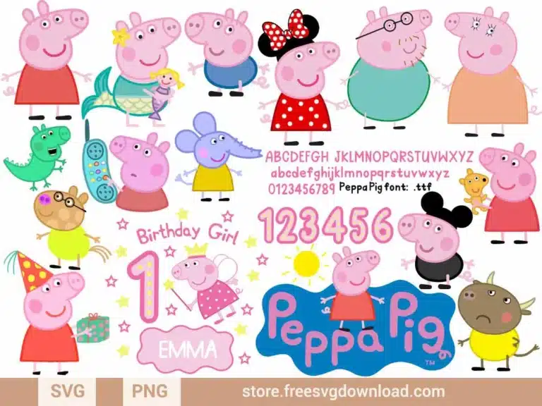 Peppa Pig SVG Bundle featuring Peppa, George, family, and friends for crafting and birthday-themed projects.