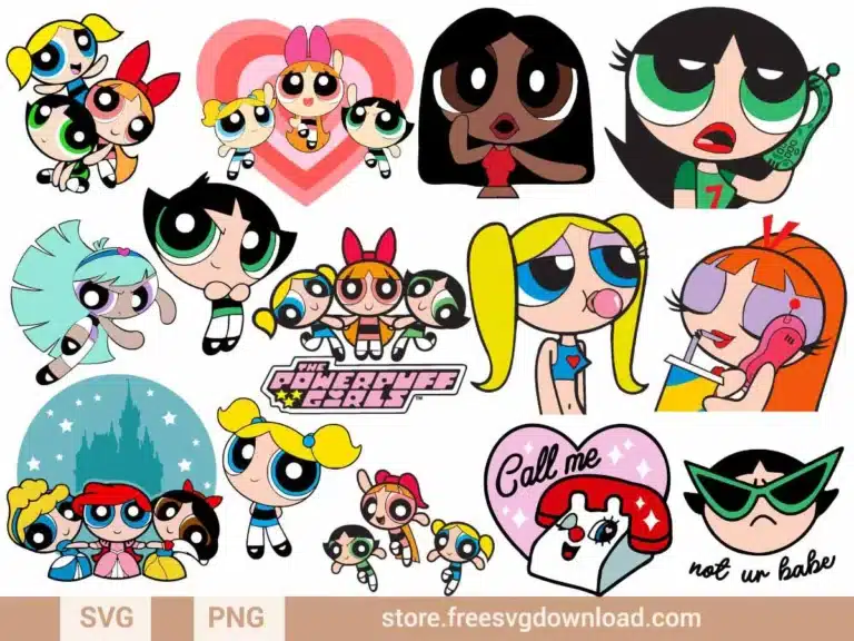 Powerpuff Girls SVG Bundle with Blossom, Bubbles, Buttercup, and fun retro designs for crafting projects.
