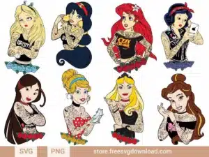 Punk Princess SVG Bundle featuring tattooed, edgy reimaginings of classic princesses for crafts and projects.