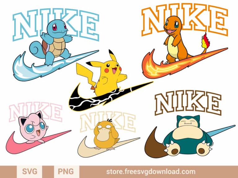 Nike Pokemon SVG cut files, svg files for criuct, nike svg, nike swoosh svg, Pokemon SVG, Pikachu svg, Squirtle SVG, Snorlax svg, Charmander SVG, Psyduck SVG, Jigglypuff svg, pikachu nike svg, charmender nike svg, snorlax nike svg