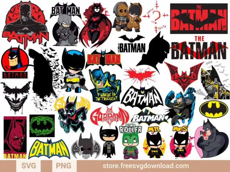 Batman SVG Bundle featuring logos, characters, and illustrations for crafting and customization.