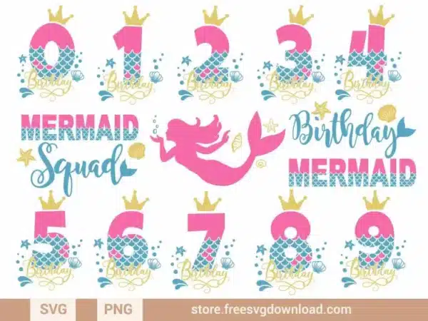 Mermaid-themed birthday numbers with crowns, scales, and ocean accents for crafting projects.