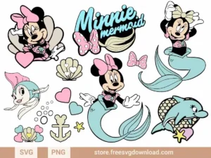 Mermaid Minnie Mouse SVG Bundle featuring Minnie as a mermaid with seashells, dolphins, and aquatic-themed elements