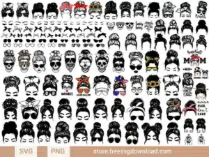 A collection of messy bun SVG designs featuring sunglasses, bandanas, bows, and more for crafting apparel and accessories.