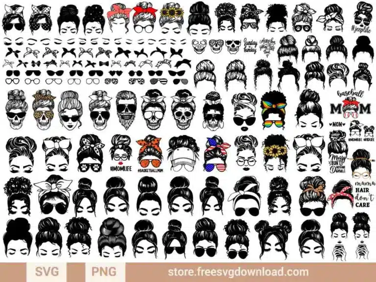 A collection of messy bun SVG designs featuring sunglasses, bandanas, bows, and more for crafting apparel and accessories.