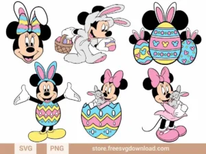 Mickey Minnie Easter SVG Bundle featuring Disney characters in bunny costumes with Easter eggs and spring motifs