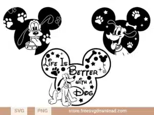 Mickey Outline Pluto SVG Bundle featuring Mickey-shaped outlines with playful Pluto, paw prints, and "Life Is Better with a Dog" text.
