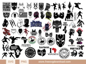 Black Panther SVG Bundle featuring Wakanda Forever designs, superhero symbols, and cultural motifs.