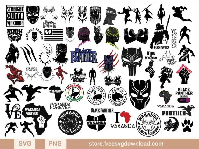 Black Panther SVG Bundle featuring Wakanda Forever designs, superhero symbols, and cultural motifs.