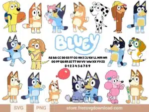 Bluey SVG Bundle featuring Bluey, Bingo, Bandit, and other characters in playful designs.