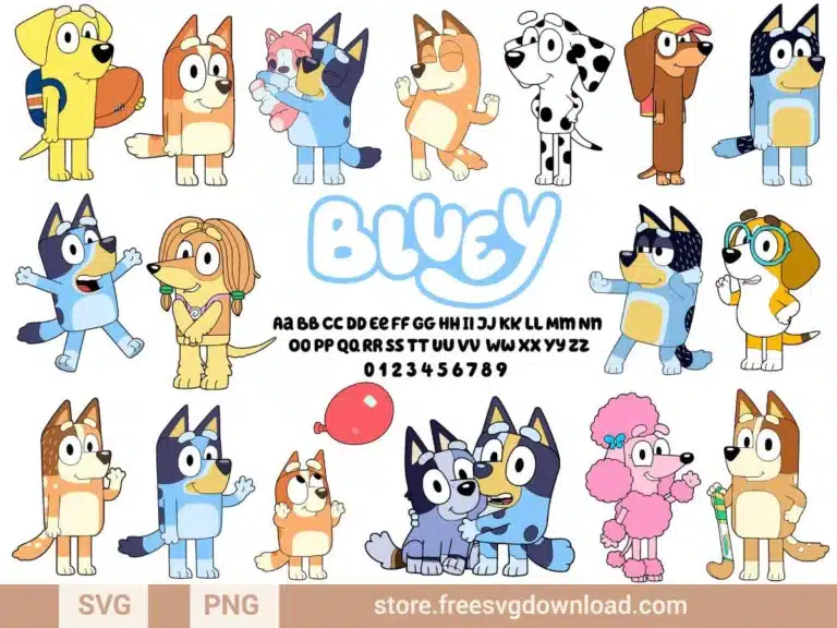 Bluey SVG Bundle featuring Bluey, Bingo, Bandit, and other characters in playful designs.