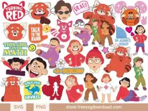 Turning Red SVG Bundle featuring Mei Lee, red panda designs, and friends in colorful and playful graphics.