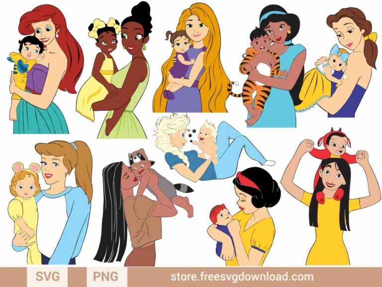 Mothers Day Disney Princess SVG & PNG, svg files for cricut, disney svg, elsa svg, disney princess svg, mermaid svg, jasmine svg, cinderella svg, snow white svg, belle svg, pocahontas svg, tiana svg, rapunzel svg