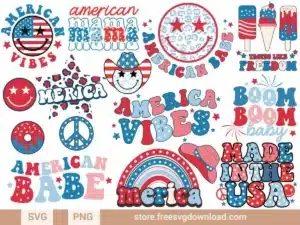 Patriotic SVG designs featuring American flag-themed smiley faces, stars, text, and festive icons in red, white, and blue.