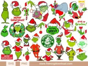Grinch Christmas SVG Bundle featuring festive Grinch poses, quotes, and holiday elements