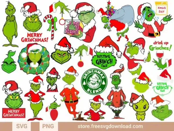 Grinch Christmas SVG Bundle featuring festive Grinch poses, quotes, and holiday elements