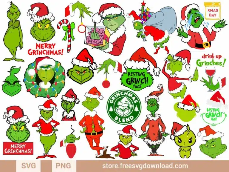 Grinch Christmas SVG Bundle featuring festive Grinch poses, quotes, and holiday elements