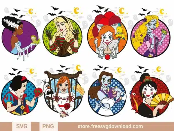 Halloween Princess SVG Bundle featuring spooky, reimagined Disney princess designs for Halloween crafts.