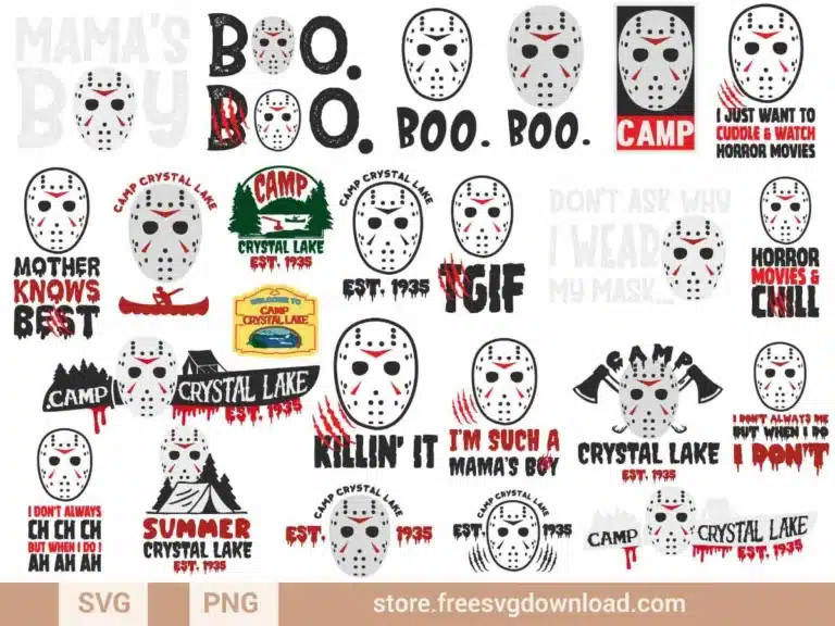 Jason Voorhees SVG Bundle featuring horror-themed Friday the 13th designs, hockey masks, and Crystal Lake elements.