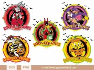 Space Jam Halloween SVG Bundle featuring Looney Tunes characters in festive Halloween costumes.