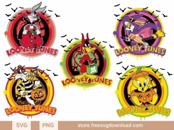 Space Jam Halloween SVG Bundle featuring Looney Tunes characters in festive Halloween costumes.