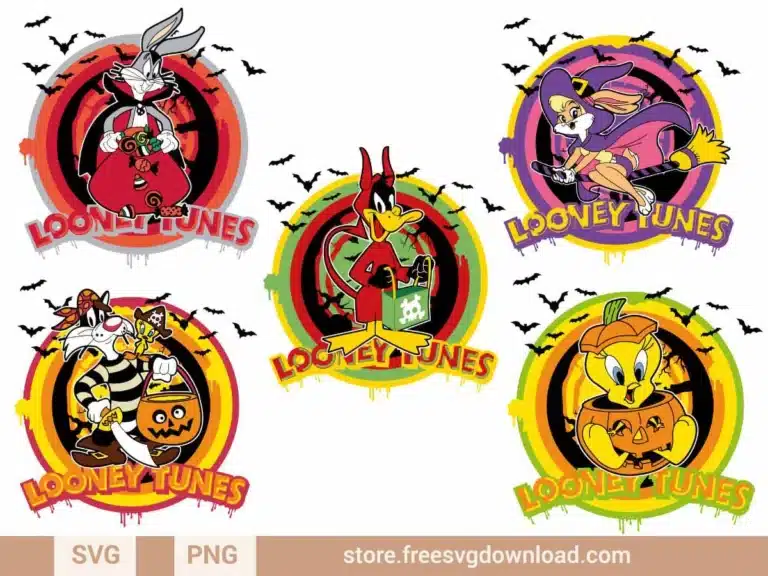 Space Jam Halloween SVG Bundle featuring Looney Tunes characters in festive Halloween costumes.